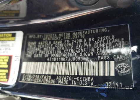2018 Toyota Camry Le z USA, uszkodzony, nr VIN 4T1B11HK7JU099097